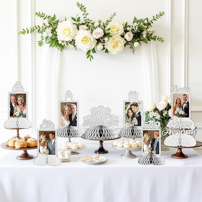 Cheereveal 8 Pieces Happy Wedding Anniversary Honeycomb Centerpiece, Silver Glitter Photo Table Topper, Anniversary Theme Party Supplies for Adult 10th 20th 25th 30th 40th 50th 60th Decorations