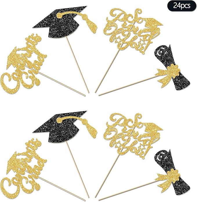 24Pcs Black Gold Graduation Cupcake Toppers 2026, Glitter Grad Cap Diploma Congrats Grad We Are So Proud of You Cupcake Toppers for Class of 2026 Graduation Party Decorations.