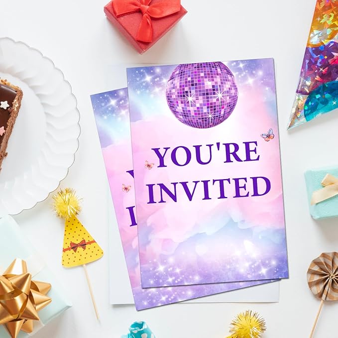 Soiceu Teen Girl Birthday Party Invitations Pink Purple Disco Music in My Birthday Era Invites with Envelopes Set of 20