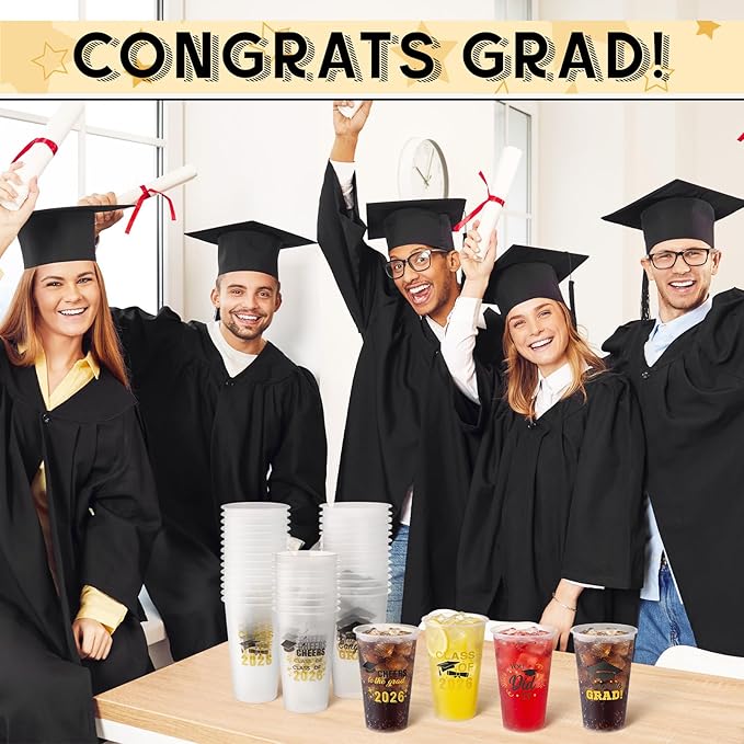 Yungyan 100 Pcs Frosted Graduation Cups 2026 Frosted Plastic Cups 16 oz Disposable Graduation Party Favors Congrats Grad Tableware Decoration for School Supplies