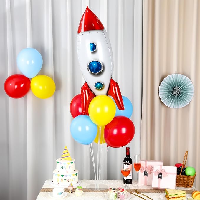 Toy Inspired Themed Party Story Balloons Stand Kit 2 Sets With 2 Rocket Foil Balloons Toy Themed Red Blue Yellow Balloon Centerpiece for Tables for Boys Birthday Baby Shower Cartoon Party Decorations