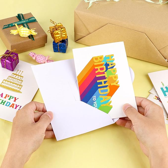 Hooqict 120 Pack Assorted Gold Happy Birthday Cards Bulk with Envelopes and Stickers 4x6 Inch Thick Card Stock Blank Birthday Card Set for Kids Girls Boys Men Women Family Classroom Office Business