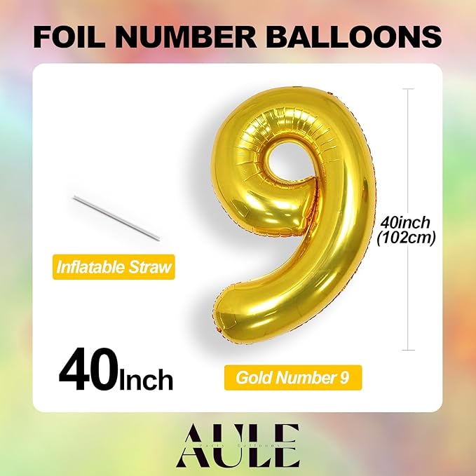 AULE 40 Inch Big Gold 9 Balloon Number Large Foil Helium Number Balloons 0-9 Jumbo Giant Happy 9th Birthday Party Decorations for Boy or Girl Huge Mylar Anniversary Party Supplies