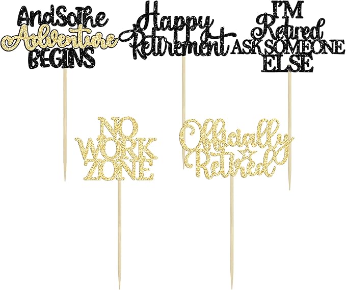 Gyufise 30Pcs Happy Retirement Cupcake Toppers Officially Retired Cupcake Picks No Work Zone Adventure Begins Cake Decorations for Retirement Theme Farewell Birthday Party Supplies Black Gold