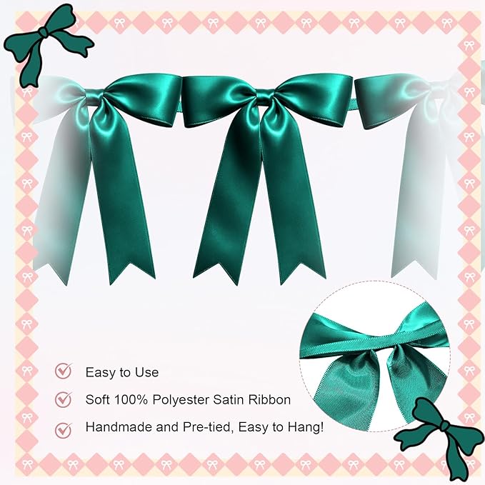 2 Strings of 16PCS Dark Green Bow Garlands Banner Decoration,Pre-Strung Satin Ribbon Ornaments for Birthday,Bachelorette Party,Bridal Shower,Wedding,Engagement,Baby Shower,Graduation Decor,Anniversary