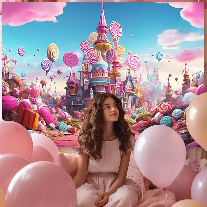 10x8ft Candyland Backdrop Fantasy Pink Castle Sweet Candy Photography Background Girls Birthday Candyland Theme Party Decorations Banner Photo Studio Props