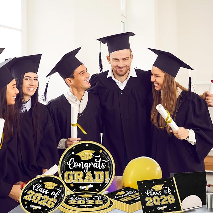 Black and Gold Graduation Decorations,200pcs Black and Gold Graduation Paper Plates and Napkins,Class of 2026 Plates for Grad Party Decorations,Serve 50