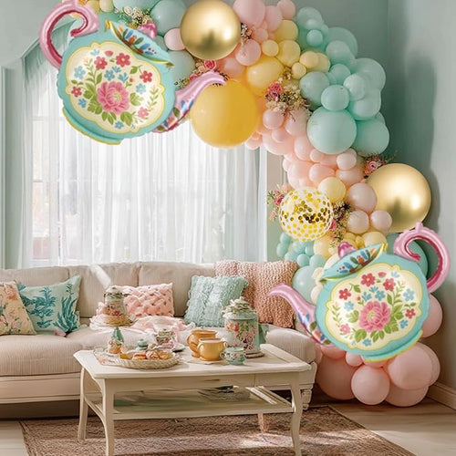 102 Pcs Tea Party Balloons, 35" Huge Teapot Aluminum Foil Balloons Pink Green Gold Confetti Latex Balloon for Girls Birthday Let's Par Tea Baby Shower Bridal Shower Garden Party Decorations Supplies