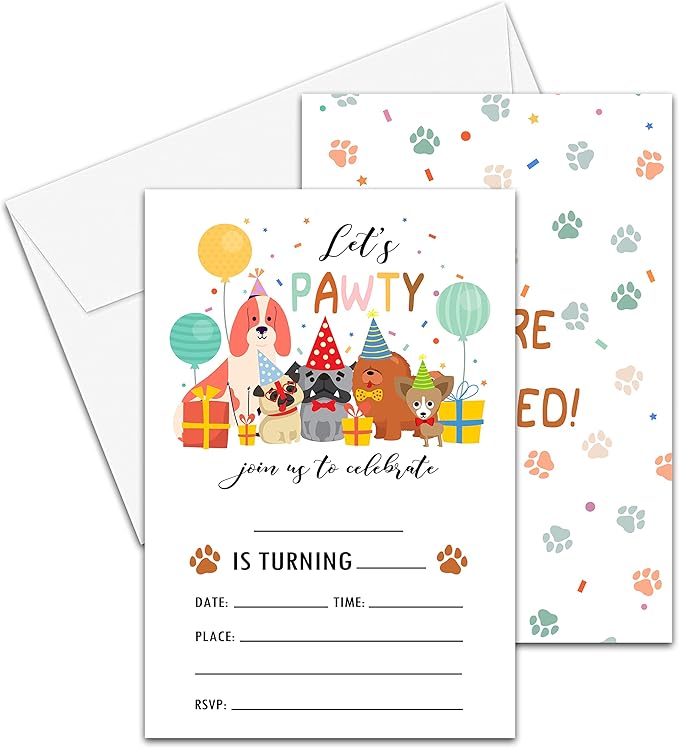 Puppy Dogs Birthday Invitations Cards, 4"x 6" Let's Pawty Theme Birthday Party Invites with Envelopes for Party Decorations Supplies(20 Pieces) -D03