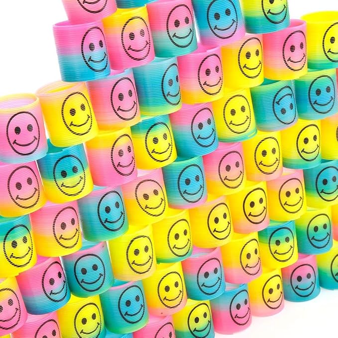 72 PCS Mini Emoticon Smile Happy Face Rainbow Springs Party Favors in Storage Bucket - Bulk Set of Plastic Magic Coil Stretch Stress Toys for Kids Birthdays, Carnival Prizes, Goodie Bag Stuffers