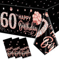 3 Pack Pink Rose Gold 60th Birthday Tablecloth Decorations - Happy Sixty Theme, Plastic Disposable Rectangular Table Cloth Decor