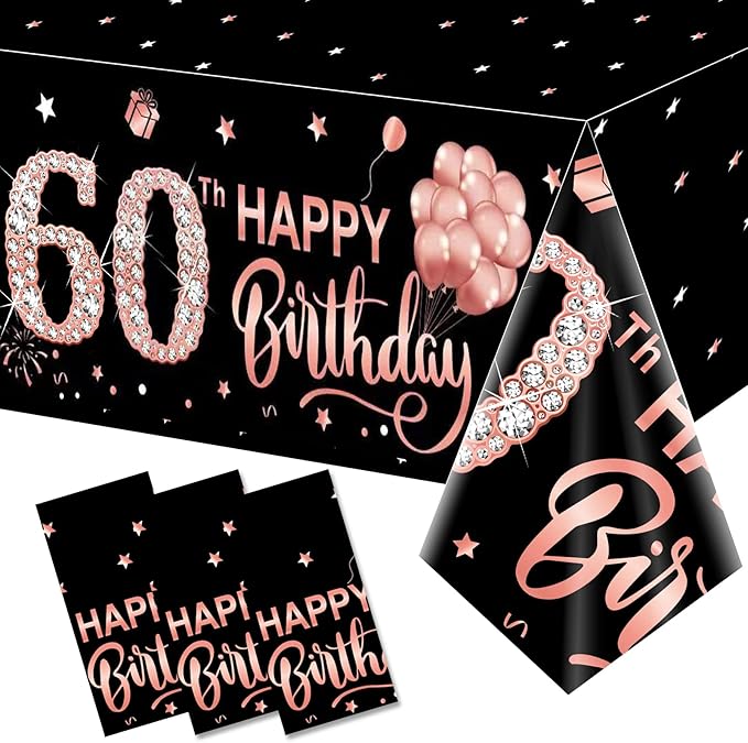 3 Pack Pink Rose Gold 60th Birthday Tablecloth Decorations - Happy Sixty Theme, Plastic Disposable Rectangular Table Cloth Decor