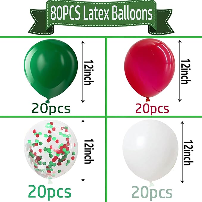 Red White and Green Balloons with Confetti Balloons 12 inch Latex Balloons 80 Pcs for Wedding Birthday Baby Shower Christmas Themed Party Decorations