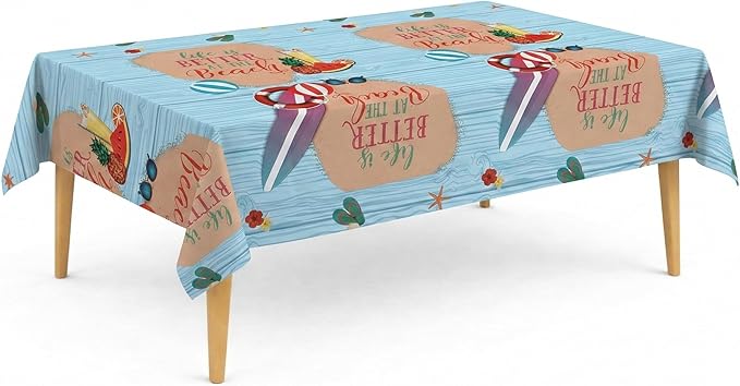 Party Dimensions Beach Party Plastic Tablecloth, Disposable Rectangle Table Cover, Life is Better at the Beach Design, 54" x 108", 12-Pack