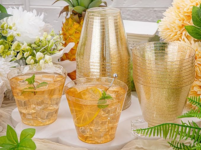 Hioasis 200Pcs 9OZ Gold Glitter Plastic Cups - Gold Plastic Cups, Heavy Duty & BPA-free for Party, Wedding, Celebrations