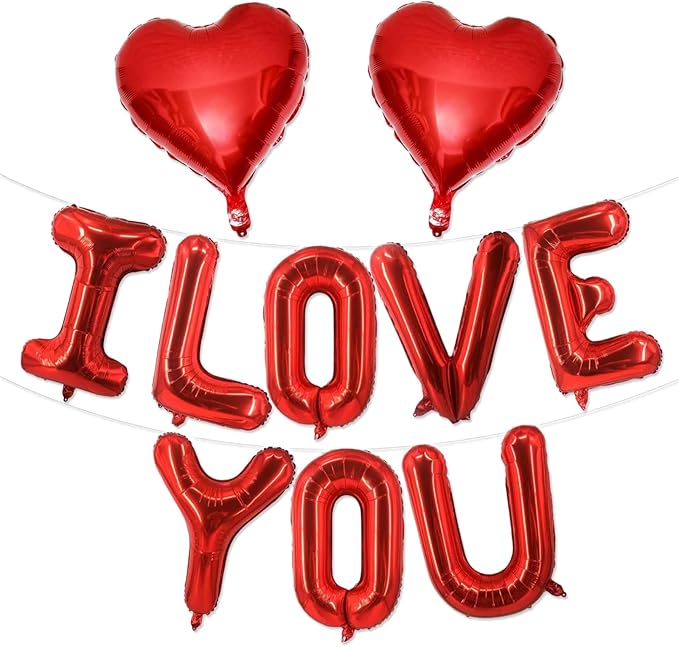 Valentines Day Balloons Decorations Red 10 Pcs 16 Inch - "I Love You" Letter + Heart Balloons with Tape Straws Ribbon for Romantic Party Proposal Wedding Bedroom Valentines Day Decor