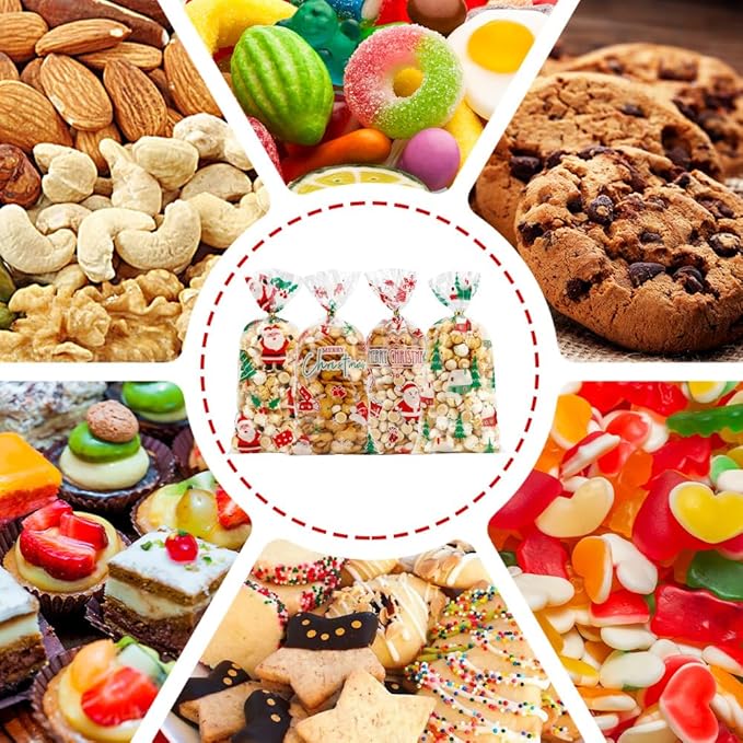 eowqeiur 100 PCS Christmas Cellophane Treat Bags(5x11 Inch) with Ties Plastic Santa Goodie Candy Cookie Loot Gifts Bags Bulk Pouches for Christmas Party Favors Supplies Decorations Holiday Xmas Decor