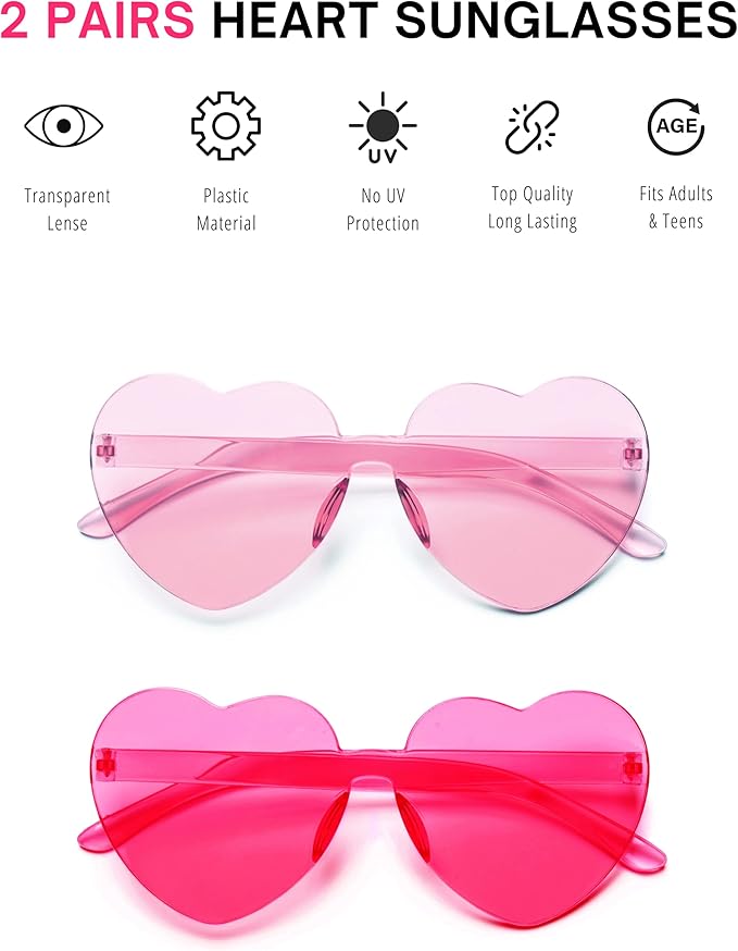 4E's Novelty 2 Pack Heart Shaped Sunglasses for Women - Trendy Glasses for Valentines, Mardi Gras, Men Party Outfit Accessory