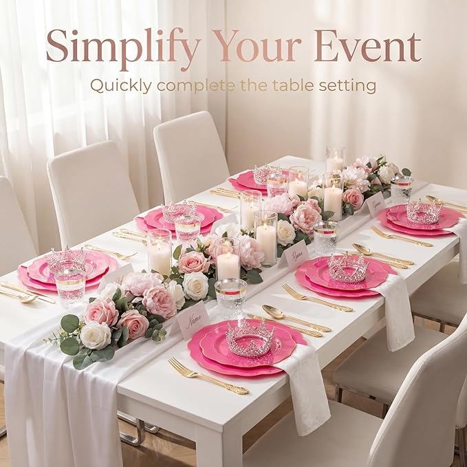 NOCCUR 175PCS Hot Pink Plastic Plates with Gold Disposable Silverware - Include 50 Hot Pink Plates,25 Knives,25 Forks,25 Spoons,25 Cups and 25 Napkins - Ideal for Party/Easter Day