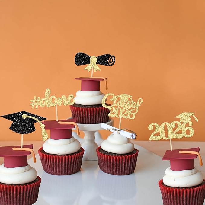 Gyufise 30Pcs 2026 Graduation Cupcake Toppers Gold and Black Glitter Class of 2026 Cake Graduation Done Cupcake Picks Grad Cap Diploma Cake Decorations for 2026 Graduation Theme Party Cake