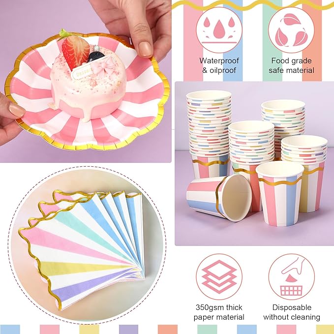 Yungyan 108 Pcs 36 Guest Pastel Party Plates and Napkins Gold Foil Scalloped Edge 6" Paper Dessert Plates and Striped Pastel 9 oz Cup Disposable Tableware Set for Birthday Wedding Baby Shower Supplies