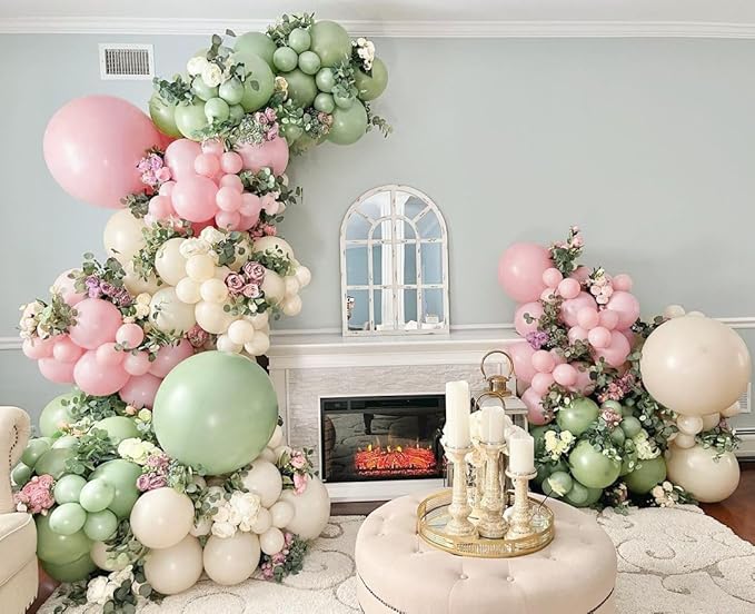 Sage Green Pink Balloon Arch Kit-144pcs Sage Green Pastel Pink Sand White Chrome Gold and Confetti Latex Balloon Garland for Girl Baby Shower Wedding Birthday Jungle Safari Woodland Party Decorations