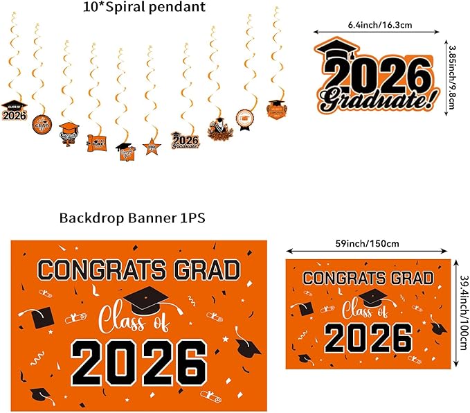 Graduation Decorations 2026 Orange Themed Set - Congrats Grad Banner, Class of 2026 Backdrop, Balloons & Streamers Kit - Complete Party Supplies for High School & College Celebrations