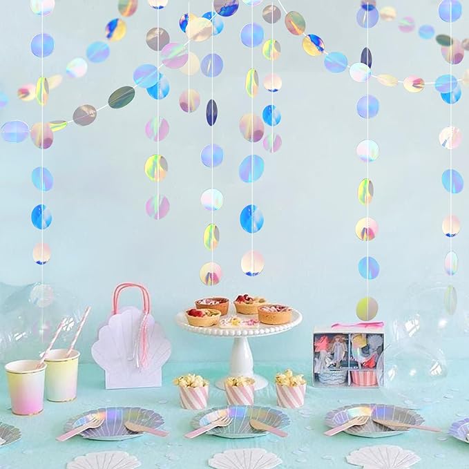 GCQQ 52Ft Iridescent Party Decorations Holographic Circle Garlands Sparkly Iridescent Hanging Streamers Garland for Mermaid Disco Bachelorette Birthday Party Decorations