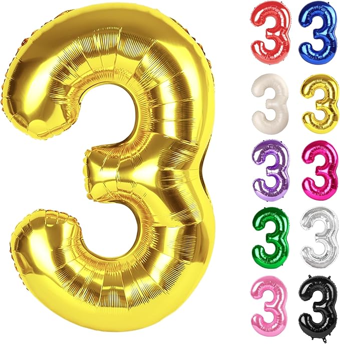 Gold Number 3 Balloon 40 Inch, 3 Balloon Number, 3rd Birthday Decorations, Gold Party Supplies for Boys Girls