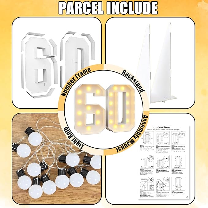 Marquee 4ft Numbers with Light up Number 60 White Mosaic Frame Slots-in Letter 60 for 60th Birthday Party Decorations Pre-Cut Cardboard Large Giant Cut-Out Thick Foam Board Sign Anniversary