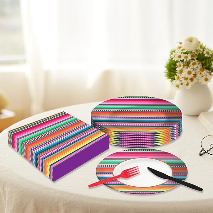 140PCS Mexican Serape Fiesta Plates and Napkins Set, Fit Mexican Themed Paper Dessert Plates, Taco Colorful Stripes Pinata Ponchos Platters Dance Party, Serves 20 Guests