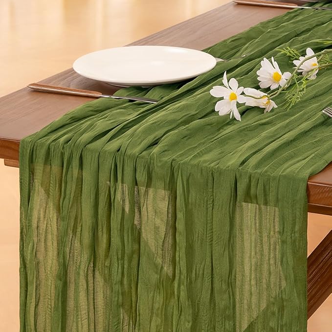 Socomi 6pcs Campsite Green Easter Spring Cheesecloth Table Runner Boho Rustic Gauze 120 inch 10FT Cheese Cloth Runner for Wedding Party Baby Shower Birthday Home Decor Holiday Decorations