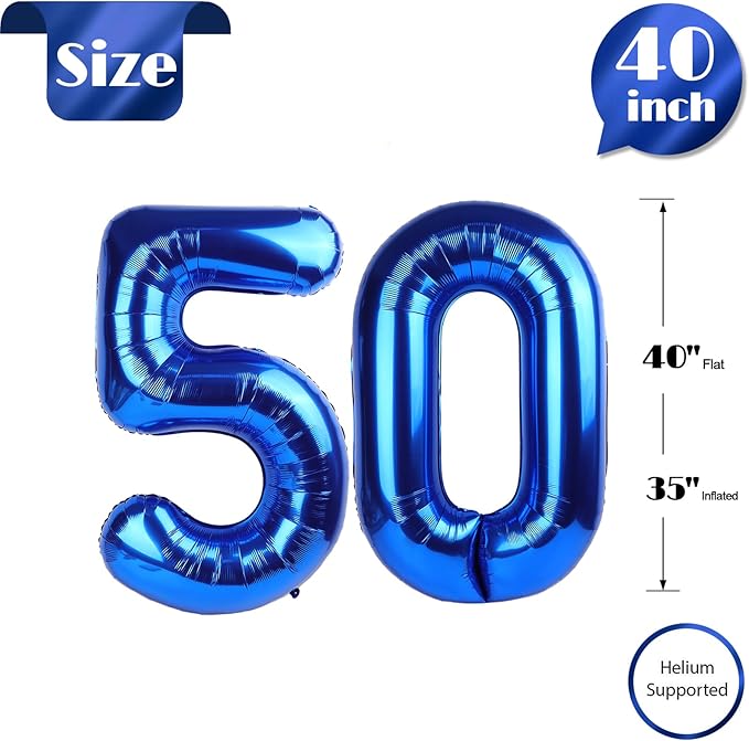 50 Balloon Number, Metallic Blue Number 50th Birthday Balloons 40 Inch, 50 Years Old Metallic Blue Birthday Decorations for Men Women, 50th Anniversary Decorations