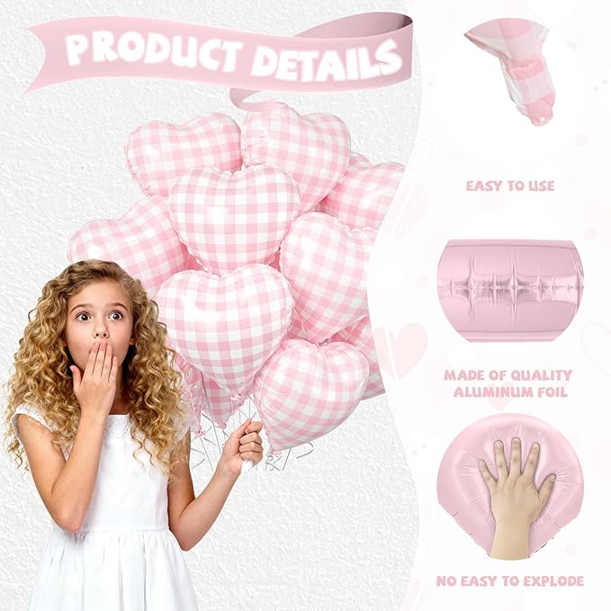 Pink White Checkered Heart Balloons, 10 Pcs Light Pink Grid Heart Shape Balloon, 18 Inch Lattice Foil Valentines Balloons for Kids Girls Birthday Wedding Valentines Bridal Baby Shower Party Decoration