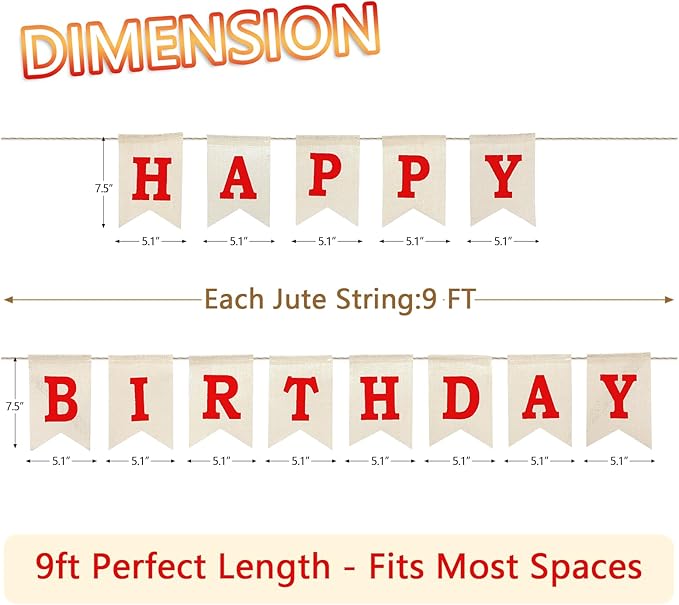 Happy Birthday Banner - Pre‑Strung Burlap Birthday Decorations and Reusable Birthday Sign for Men, Women & Kids | Party Supplies Backdrop (Red)