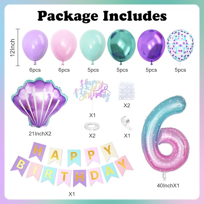 6th Mermaid Birthday Decoration for Girls,Pink Purple Green 6th Birthday Balloon Number 6 Seashell Foil Balloons Banner Mermaid Sea Party Decor Supplies for 6 Year Old