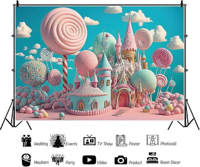 9x6ft Candyland Backdrop Fantasy Pink Sweet Candy Castle Photography Background Children's Birthday Party Candyland Theme Decorations Banner Photo Studio Props