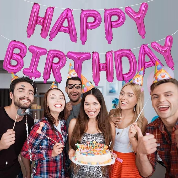 TONIFUL Hot Pink Happy Birthday Balloons Banner, 16 Inch Mylar Foil Letters Birthday Sign Bunting Reusable for Girls Boys Kids & Adults Birthday Decorations and Party Supplies