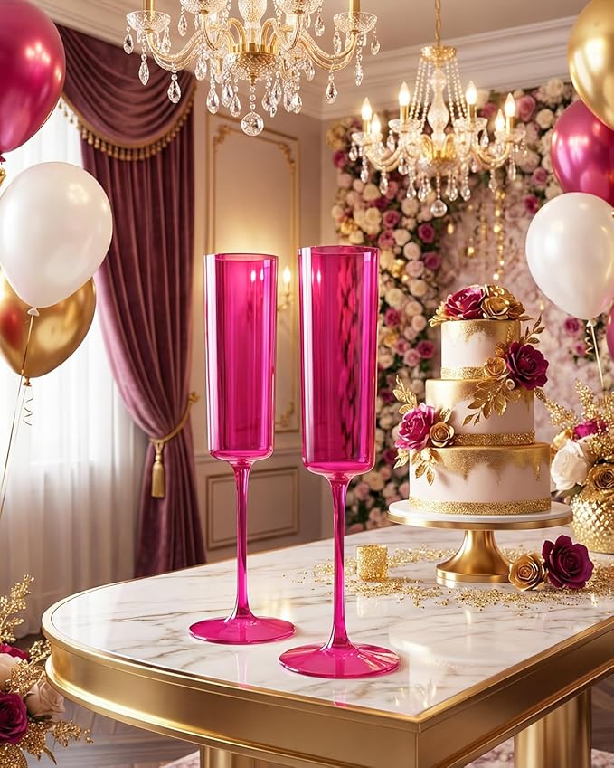 Ciaell 24 Pack Plastic Champagne Flutes - Hot Pink 6 Oz Disposable Champagne Glasses - Square Plastic Toasting Glasses for Party Birthday Anniversary Wedding & Easter