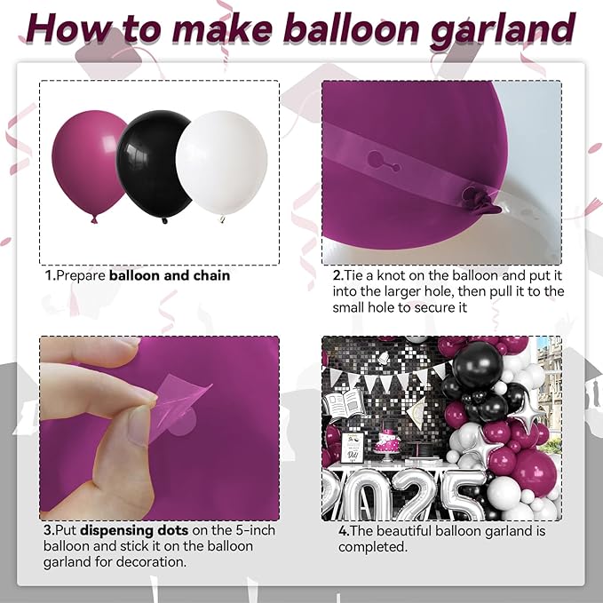 Burgundy Black White Balloons Arch Kit with Star Balloon Pennant Flag Bunting 2025 Foil Balloon Banner Maroon Balloons Garland for Class of 2025 Graduation Theme Birthday Party Supplies