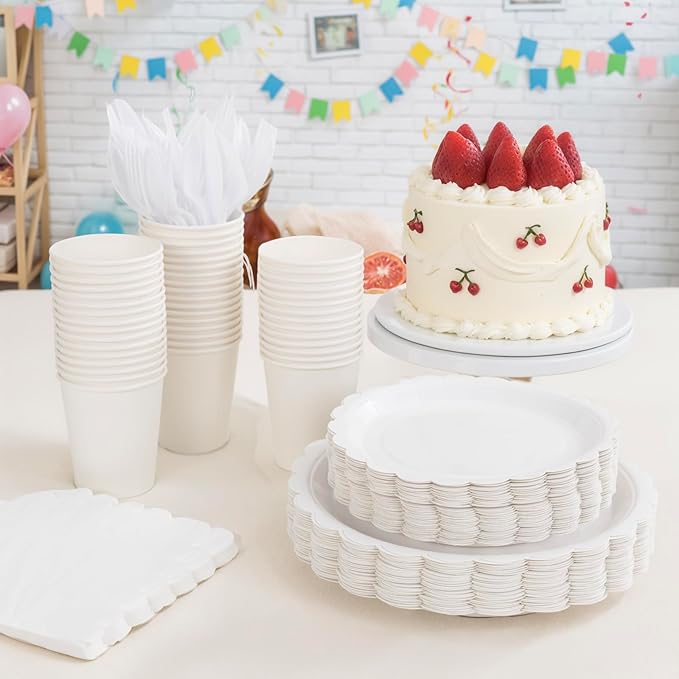 LIYH 350 Pcs White Paper Plates and Napkins 50 Guest Party Supplies Include White Scalloped Disposable Paper Plates Cocktail Napkins Cups Cutlery for Baby Shower,Birthday