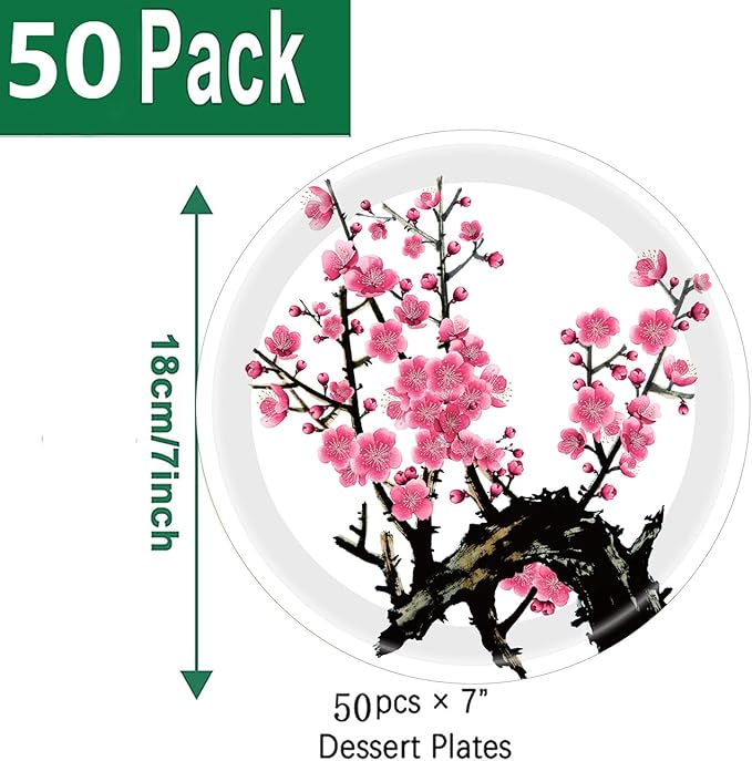 50Pcs Chinese New Year Party Supplies Chinese Japanese Cherry Paper Plates 7"Cherry Blossom Dessert Plates Flowers Plates for Birthday Wedding Chinese New Year Spring Festival Decorations (White)