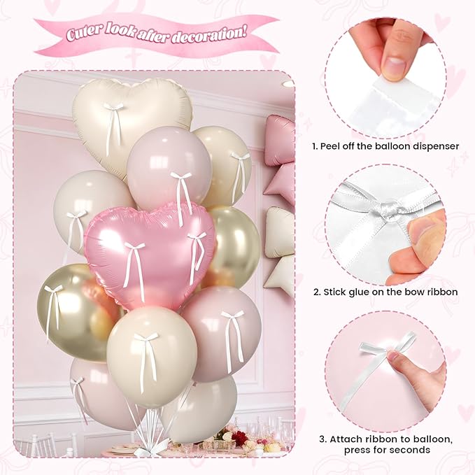 16Pcs Pink and Cream Heart Balloons, 38 Inch Bow Balloons, Dusty Pink Nude Champagne Gold Balloon and Bow Heart Shaped Foil Balloon for Birthday Wedding Bridal Baby Shower Valentines Day Decorations