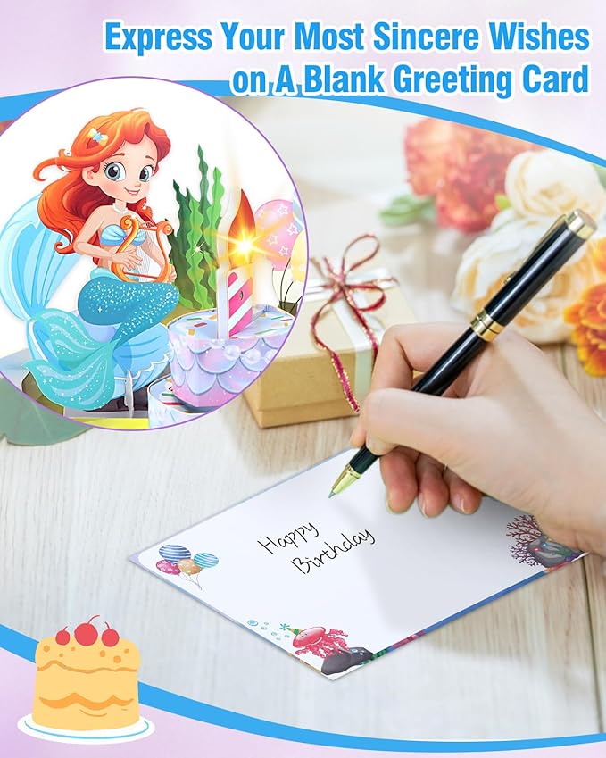 FaCraft Mermaid Birthday Card - 3D Musical Birthday Card for Kids Daughter & Girls - Blowable Candle with Cheering Sound - 8x6 Handmade Pop Up Kids Birthday Card with Envelope & Seal