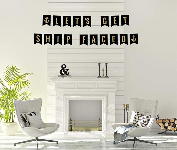 Andaz Press Faux Gold Glitter on Black Funny Alcohol Party Banner Decorations, Let's Get Ship Faced, Anchor Graphic, Approx 5-Feet, 1-Set, Wedding Bridal Shower Bachelorette Hanging Pennant Decor