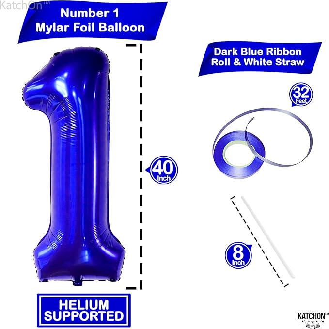 KatchOn, Blue 1 Number Balloon for First Birthday - Big,40 Inch | Blue Number 1 Balloon for First Birthday | Navy Blue Number One Balloon | 1st birthday decorations Boy