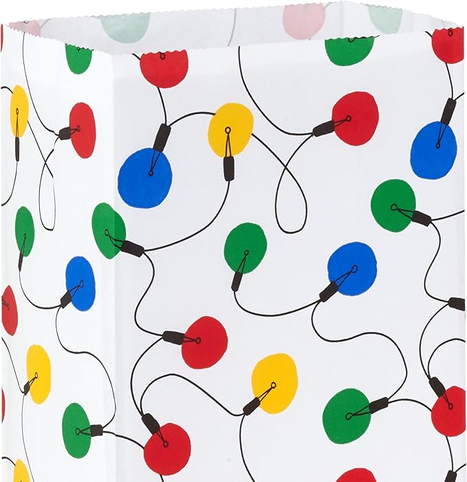 Hallmark Holiday Party Favor and Wrapped Treat Bags (30 Bags: White with Red, Yellow, Blue, Green Christmas Lights) for Christmas, Hanukkah, Classroom Parties, Teacher Gifts, Luminaries, Sack Lunches