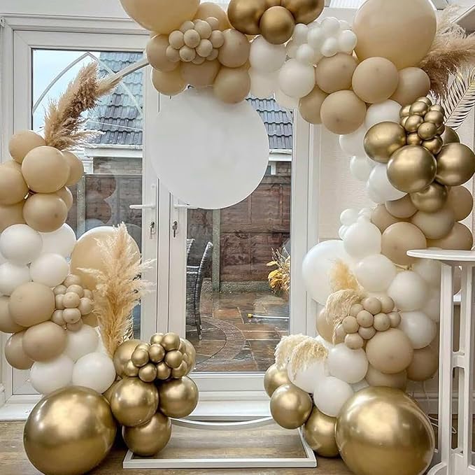 White Sand Gold Balloons Garland Arch Kit, 102 Packs White Nude Cream Balloons with Metallic Chrome Gold Confetti Latex Balloons for Boho Wedding Baby Bridal Shower Engagement Birthday Decorations
