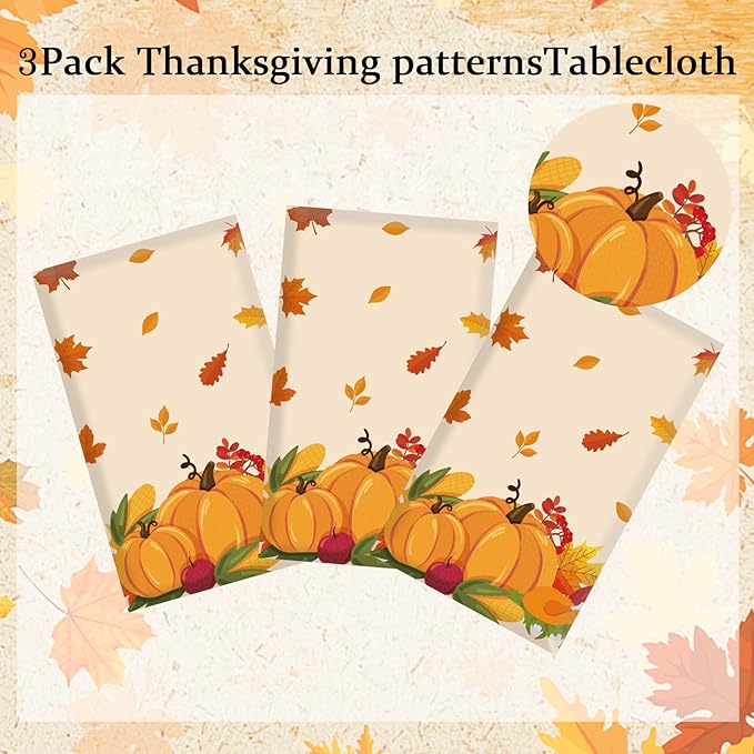 Thanksgiving Tablecloth, 3 PCS Disposable Falls Table Cloth, 54"x108" Plastic Pumpkin Maple Leaves Autumn Rectangle Tablecloth Tables Cover for Thanksgiving Fall Autumn Home Party Table Decorations