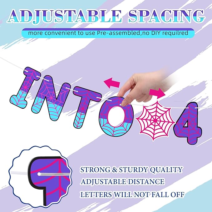 TaoBary Spider Theme 4th Birthday Banner, Pre-strung Swinging into 4 Banner, Spider 4th Birthday Decorations Party Supplies for Kids, Fourth Decor for 4 Year Old Boys Girls(Pink and Purple)